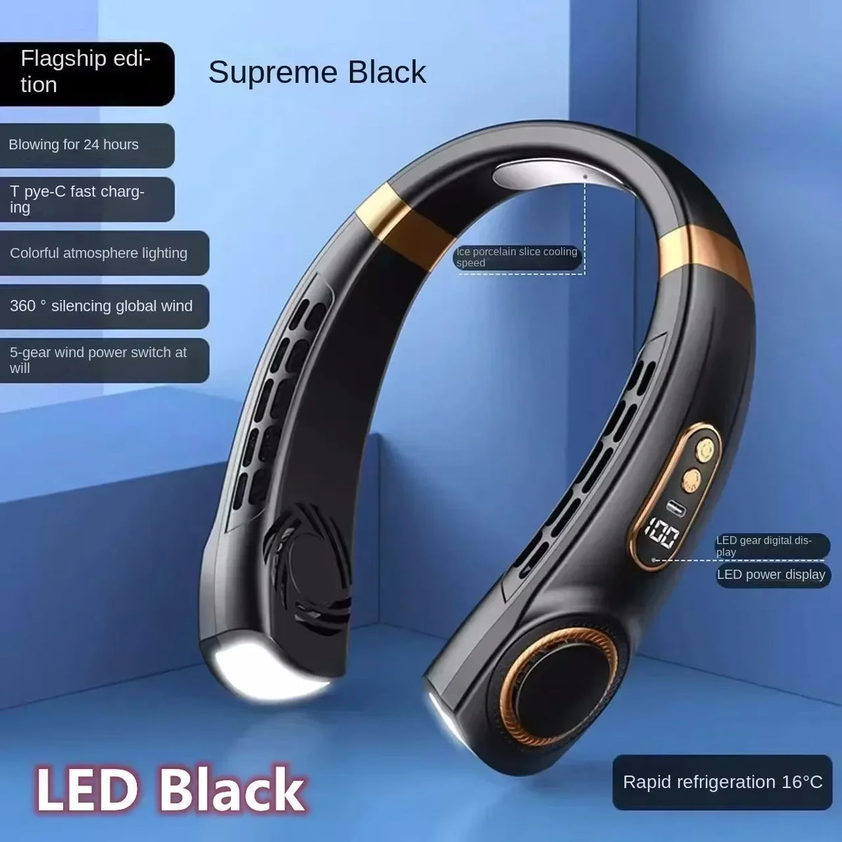 Bladeless Neck & Handheld Fan – LED model in Black